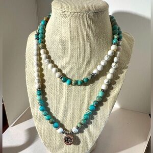 Mala Beads with Howlite Stones and Turquoise. With Lotus charm. (D-J)